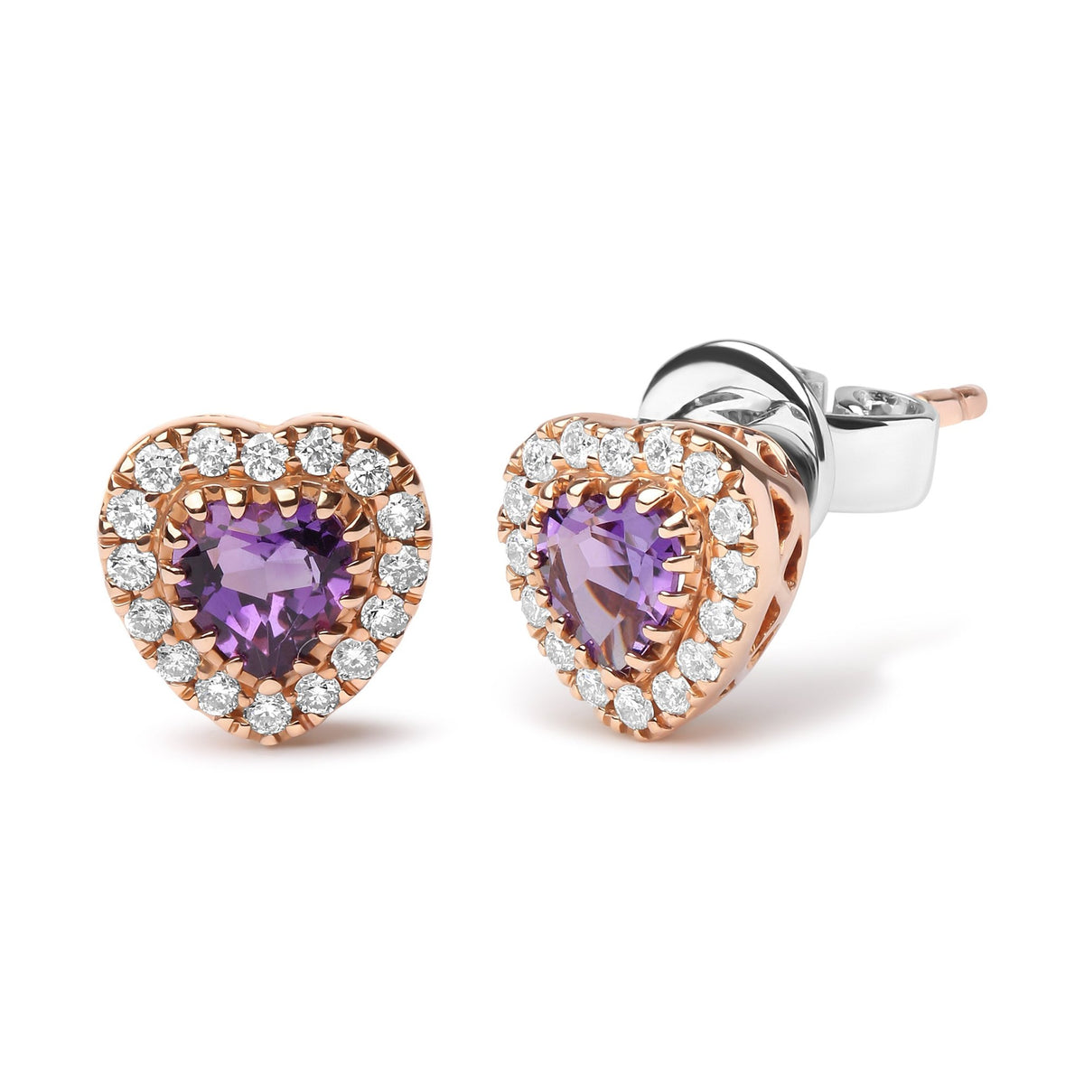 18K White and Rose Gold 1/6 Cttw Diamond and 4mm Heart Cut Purple Amethyst Gemstone Halo Heart Stud Earrings (G-H Color, SI1-SI2 Clarity) - LinkagejewelrydesignLinkagejewelrydesign