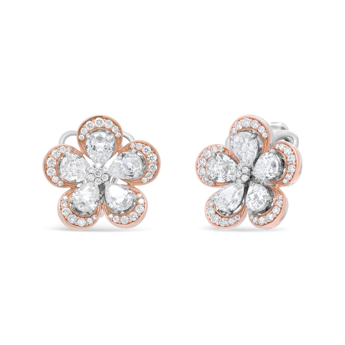 18K White and Rose Gold 6.00 Cttw Round and Pear-Cut Diamond Floral Blossom Stud Earring (G-H Color, VS2-SI1 Clarity) - LinkagejewelrydesignLinkagejewelrydesign