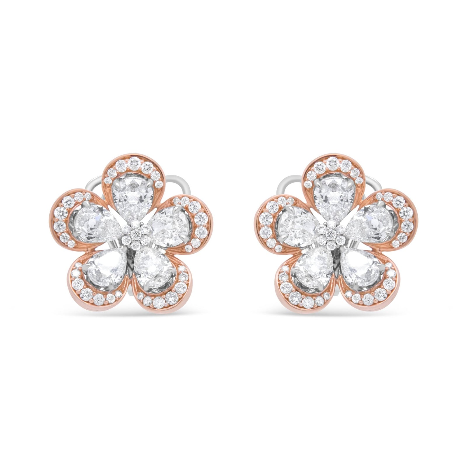 18K White and Rose Gold 6.00 Cttw Round and Pear-Cut Diamond Floral Blossom Stud Earring (G-H Color, VS2-SI1 Clarity) - LinkagejewelrydesignLinkagejewelrydesign
