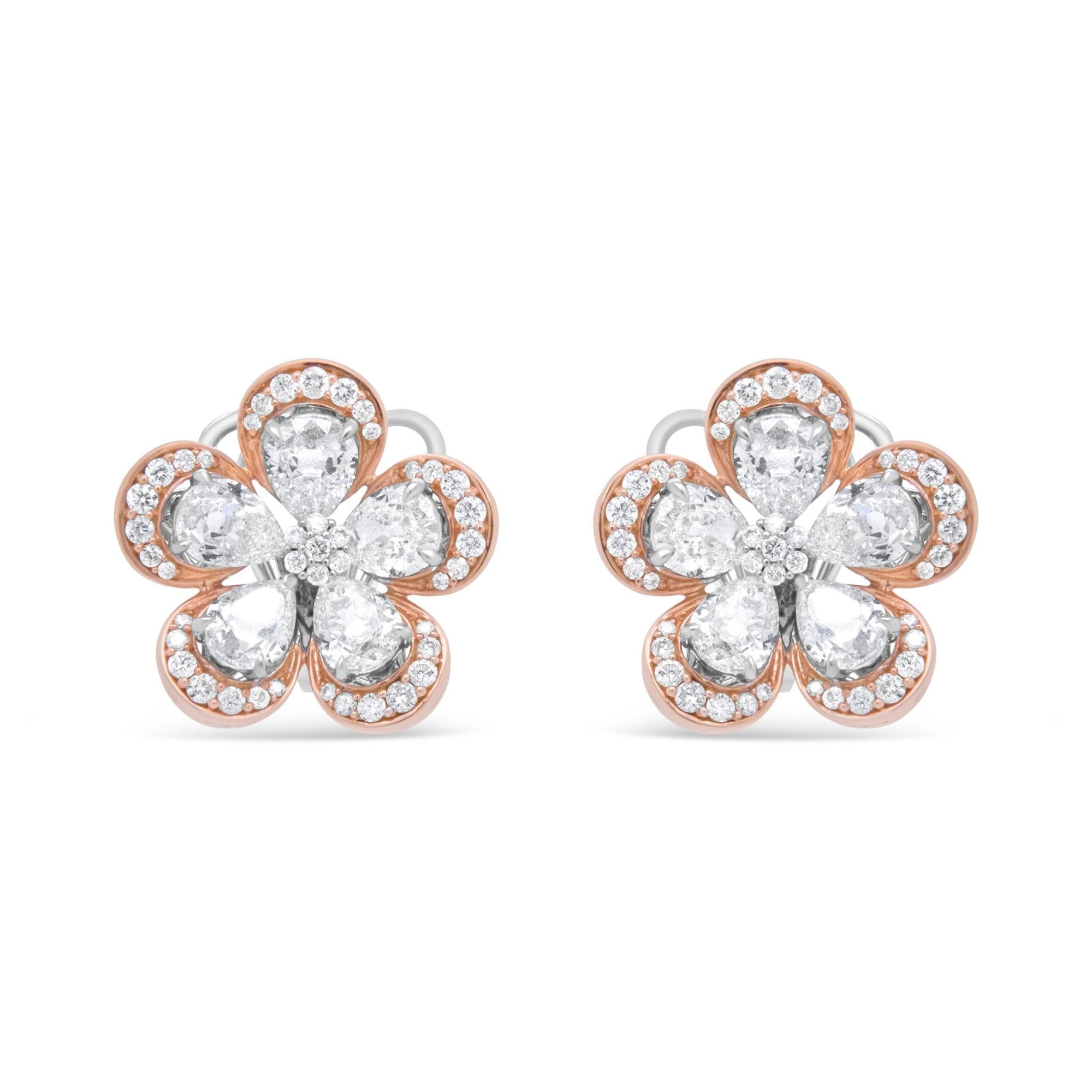 18K White and Rose Gold 6.00 Cttw Round and Pear-Cut Diamond Floral Blossom Stud Earring (G-H Color, VS2-SI1 Clarity) - LinkagejewelrydesignLinkagejewelrydesign