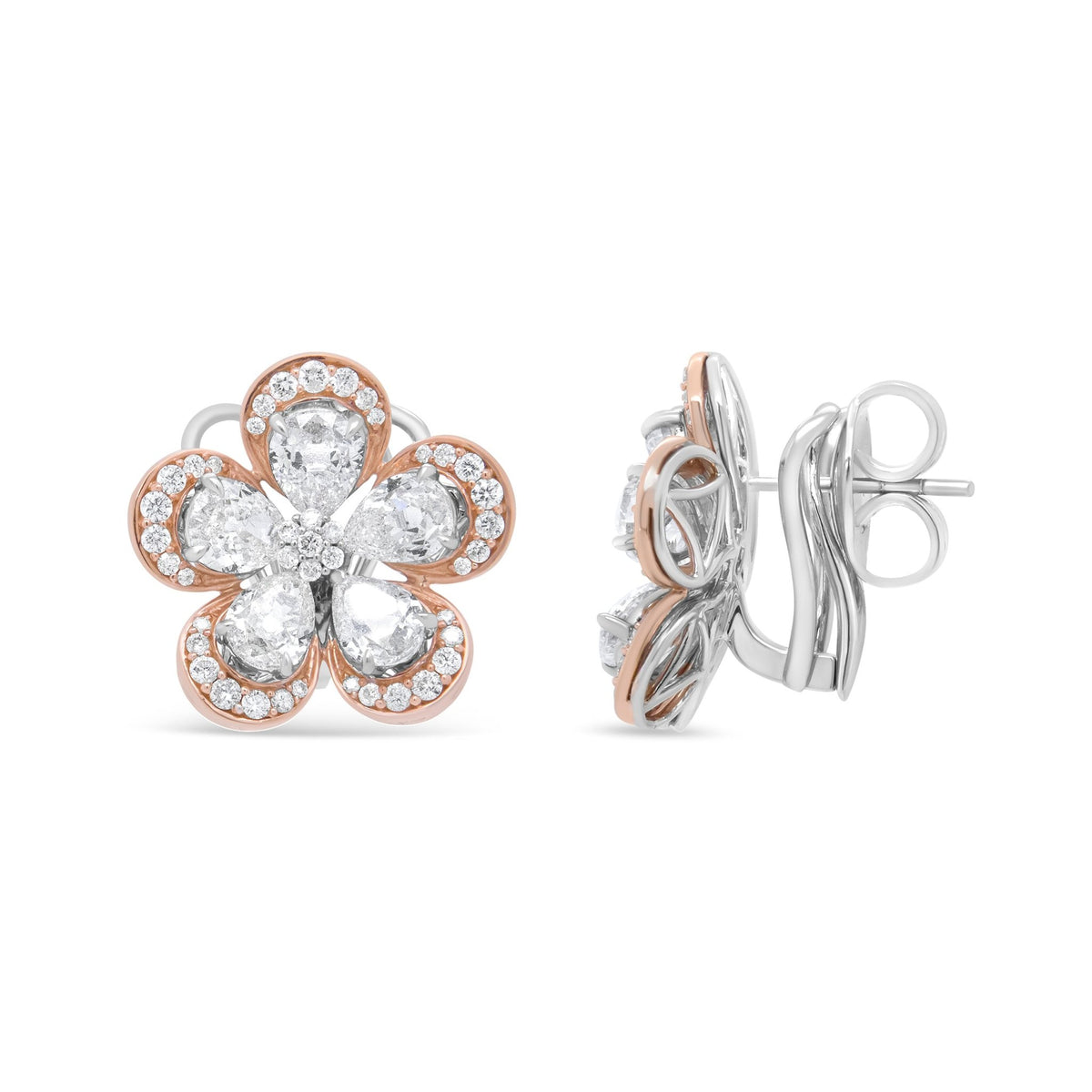 18K White and Rose Gold 6.00 Cttw Round and Pear-Cut Diamond Floral Blossom Stud Earring (G-H Color, VS2-SI1 Clarity) - LinkagejewelrydesignLinkagejewelrydesign