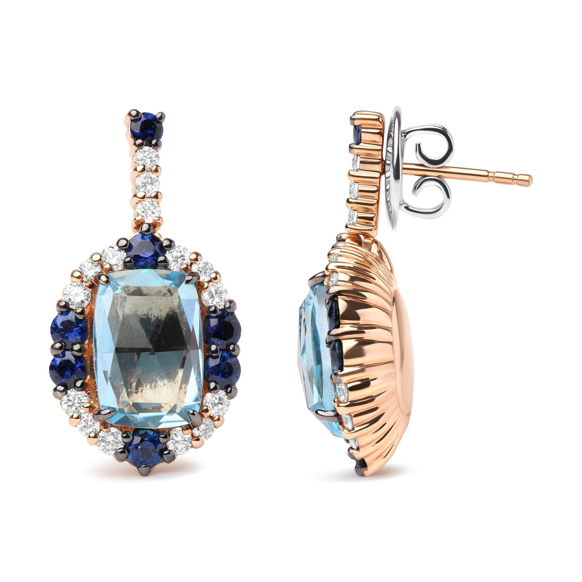 18K White and Rose Gold and 3/4 Cttw Diamond with Round Blue Sapphire and 13x8mm Cushion Cut Sky Blue Topaz Gemstone Cluster Dangle Earrings (G-H Color, SI1-SI2 Clarity) - LinkagejewelrydesignLinkagejewelrydesign