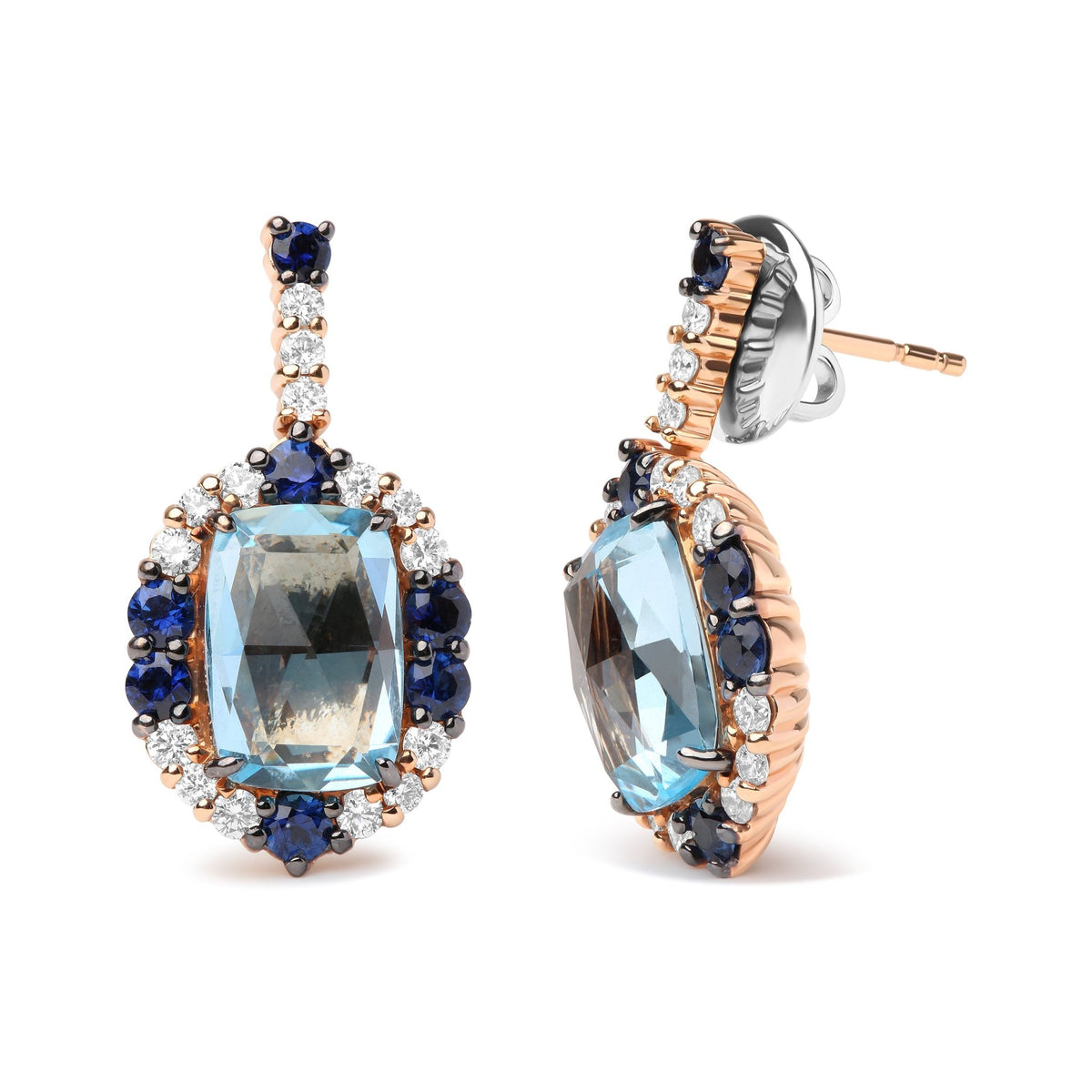 18K White and Rose Gold and 3/4 Cttw Diamond with Round Blue Sapphire and 13x8mm Cushion Cut Sky Blue Topaz Gemstone Cluster Dangle Earrings (G-H Color, SI1-SI2 Clarity) - LinkagejewelrydesignLinkagejewelrydesign