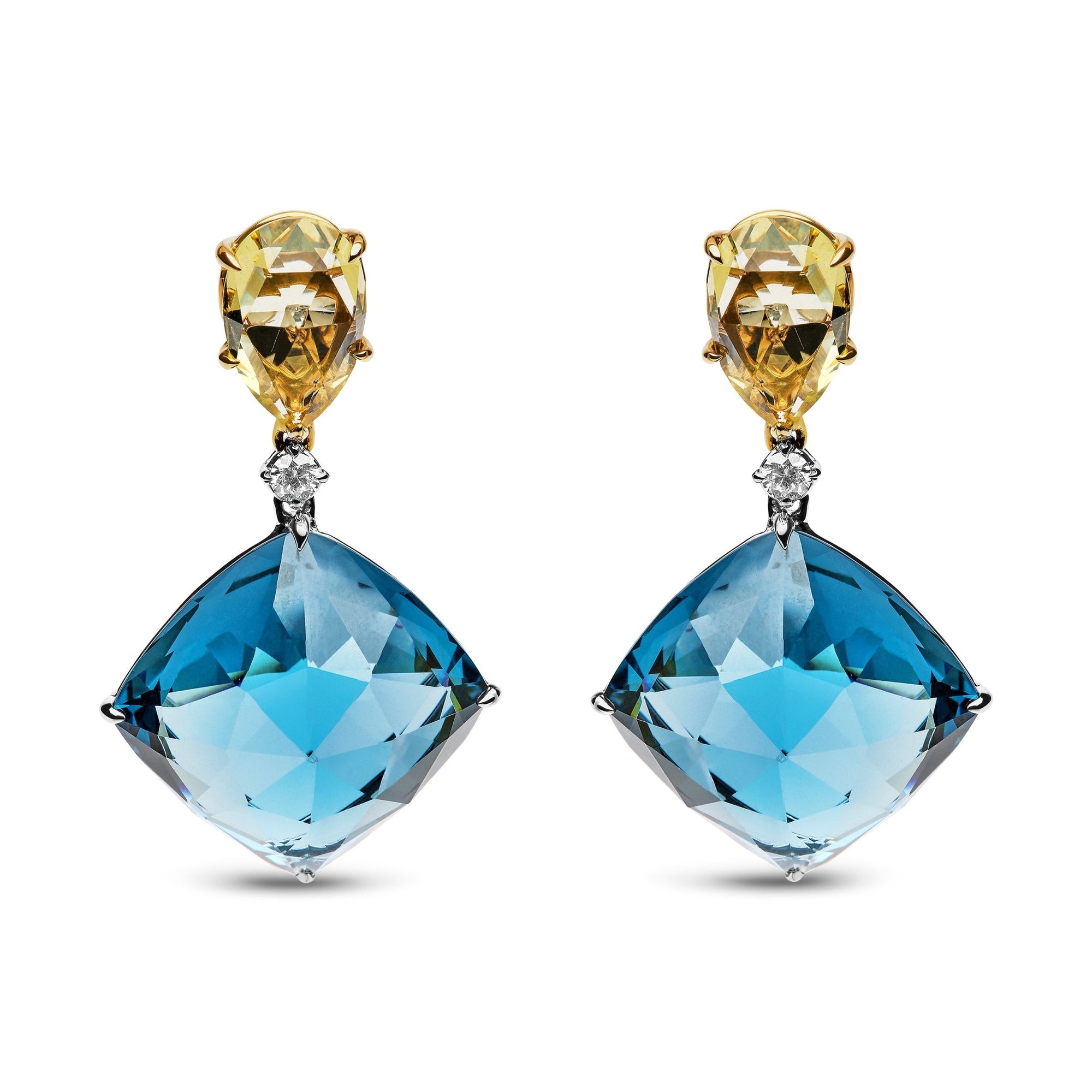 18K White and Yellow Gold 1/5 Cttw Diamond with Pear Cut Lemon Quartz, and Cushion Cut London Blue Topaz Gemstone Dangle Earring (G-H Color, SI1-SI2 Clarity) - LinkagejewelrydesignLinkagejewelrydesign