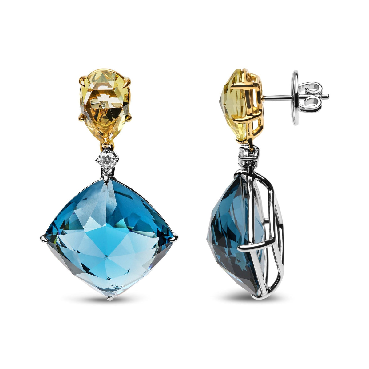 18K White and Yellow Gold 1/5 Cttw Diamond with Pear Cut Lemon Quartz, and Cushion Cut London Blue Topaz Gemstone Dangle Earring (G-H Color, SI1-SI2 Clarity) - LinkagejewelrydesignLinkagejewelrydesign