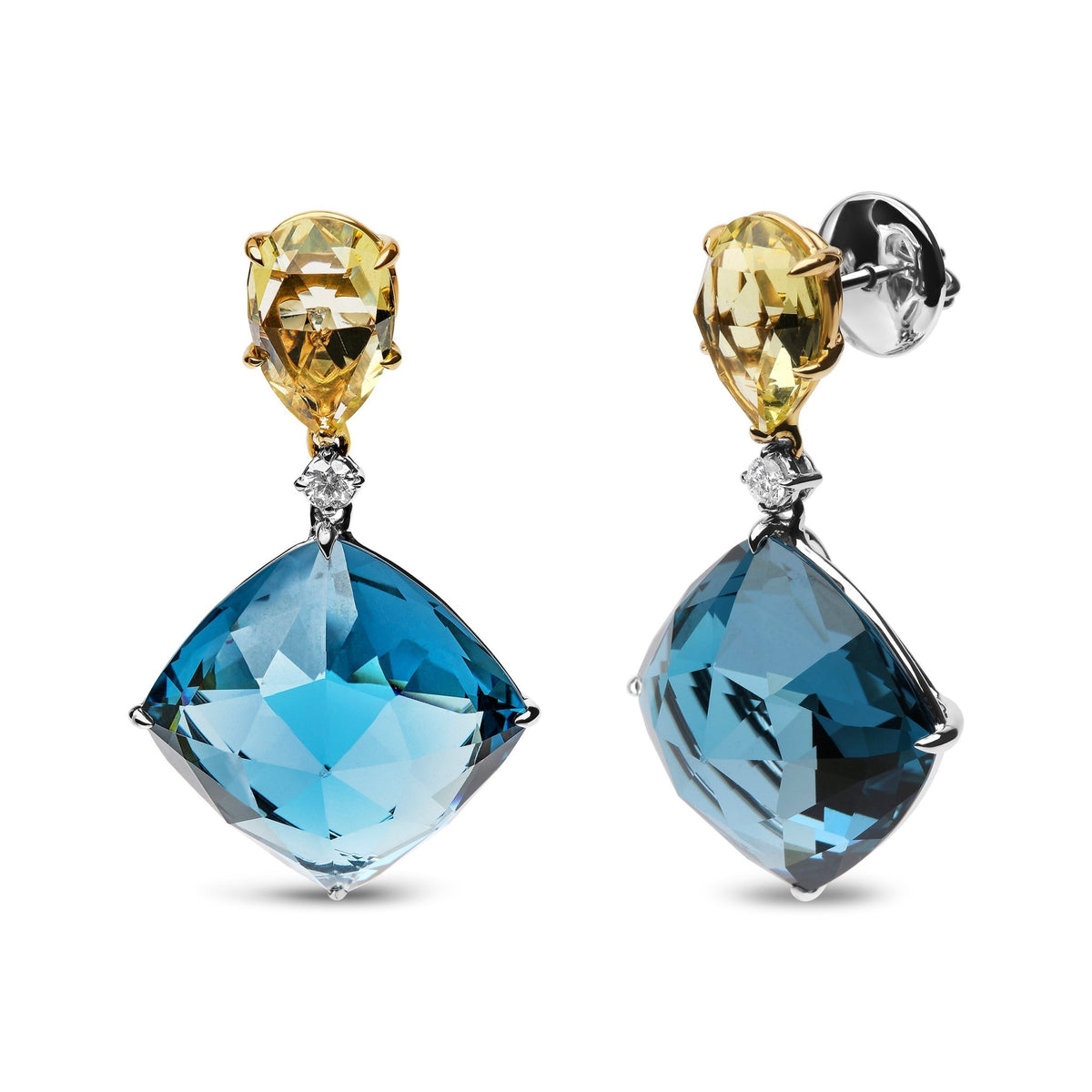 18K White and Yellow Gold 1/5 Cttw Diamond with Pear Cut Lemon Quartz, and Cushion Cut London Blue Topaz Gemstone Dangle Earring (G-H Color, SI1-SI2 Clarity) - LinkagejewelrydesignLinkagejewelrydesign