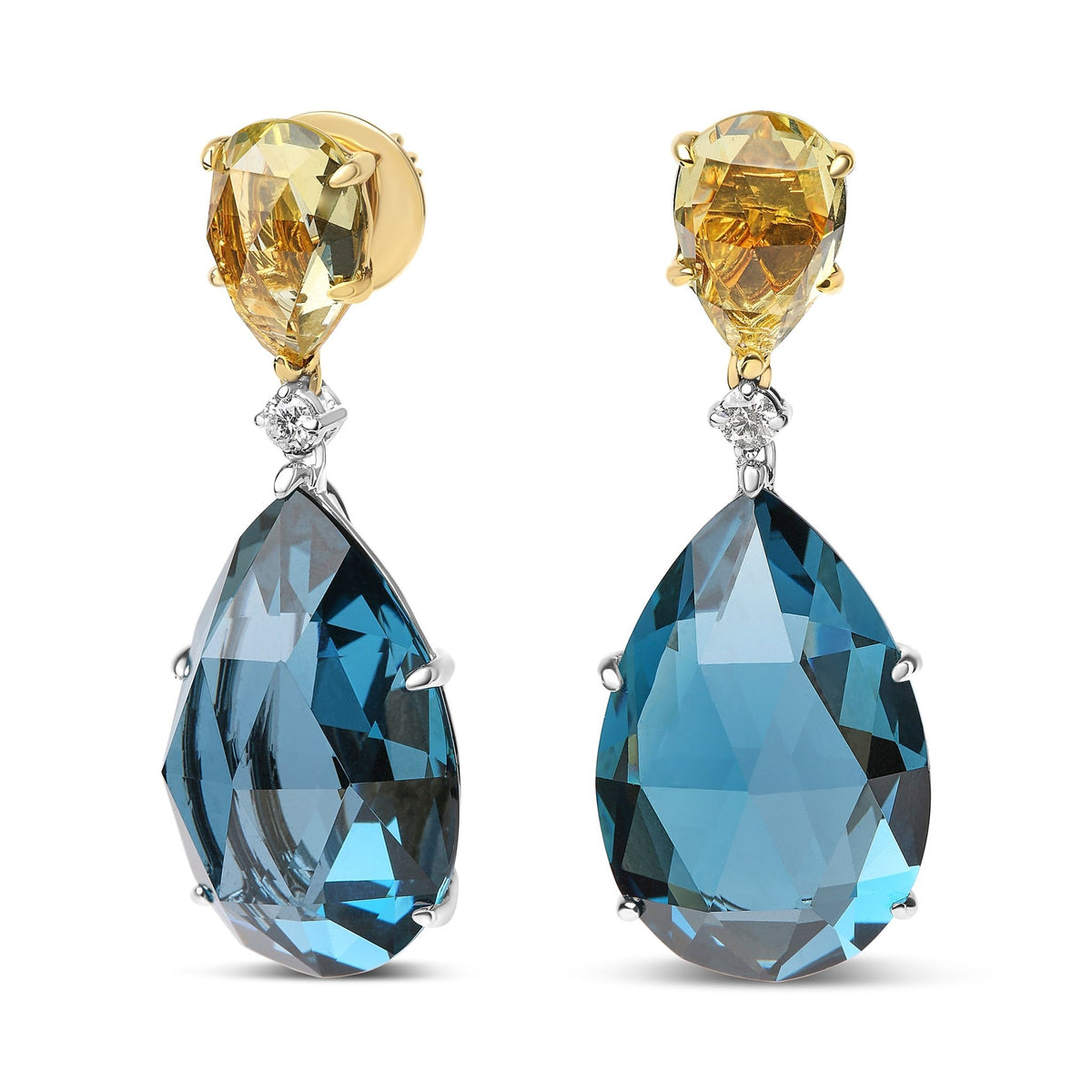 18K White and Yellow Gold 1/5 Cttw Diamond with Pear Cut Lemon Quartz and Pear Cut London Blue Topaz Gemstone Dangle Earring (G-H Color, SI1-SI2 Clarity) - LinkagejewelrydesignLinkagejewelrydesign