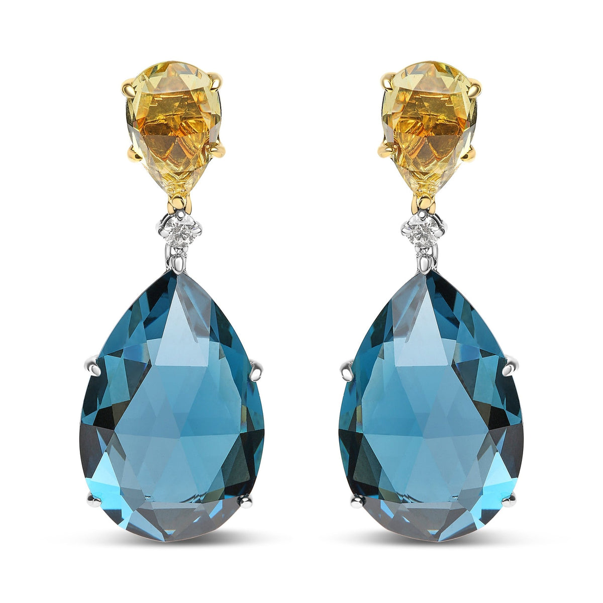 18K White and Yellow Gold 1/5 Cttw Diamond with Pear Cut Lemon Quartz and Pear Cut London Blue Topaz Gemstone Dangle Earring (G-H Color, SI1-SI2 Clarity) - LinkagejewelrydesignLinkagejewelrydesign