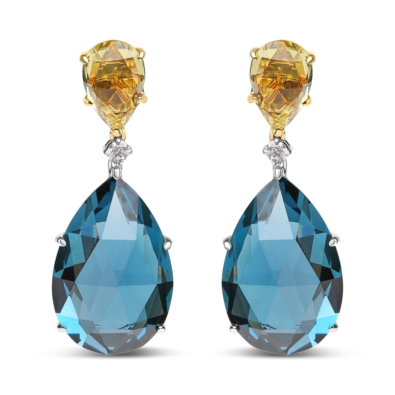 18K White and Yellow Gold 1/5 Cttw Diamond with Pear Cut Lemon Quartz and Pear Cut London Blue Topaz Gemstone Dangle Earring (G-H Color, SI1-SI2 Clarity) - LinkagejewelrydesignLinkagejewelrydesign