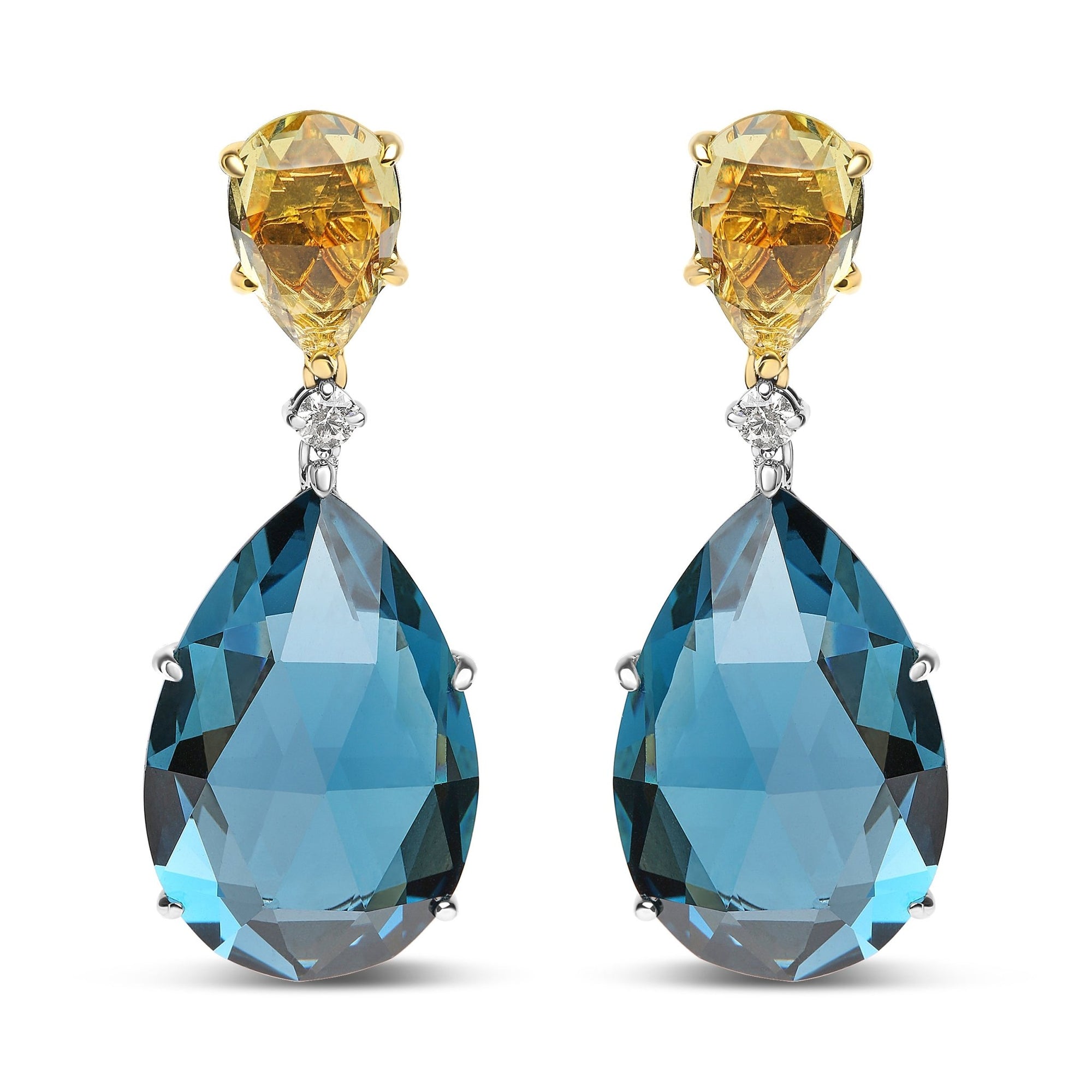 18K White and Yellow Gold 1/5 Cttw Diamond with Pear Cut Lemon Quartz and Pear Cut London Blue Topaz Gemstone Dangle Earring (G-H Color, SI1-SI2 Clarity) - LinkagejewelrydesignLinkagejewelrydesign