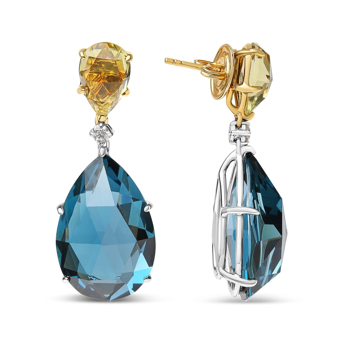 18K White and Yellow Gold 1/5 Cttw Diamond with Pear Cut Lemon Quartz and Pear Cut London Blue Topaz Gemstone Dangle Earring (G-H Color, SI1-SI2 Clarity) - LinkagejewelrydesignLinkagejewelrydesign