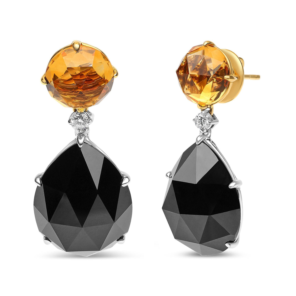 18K White and Yellow Gold 1/5 Cttw Diamond with Round Yellow Citrine and 20x15mm Pear Cut Black Onyx Gemstone Dangle Earring (G-H Color, SI1-SI2 Clarity) - LinkagejewelrydesignLinkagejewelrydesign