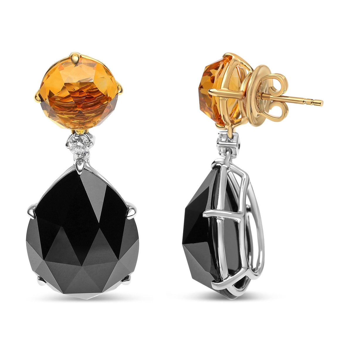 18K White and Yellow Gold 1/5 Cttw Diamond with Round Yellow Citrine and 20x15mm Pear Cut Black Onyx Gemstone Dangle Earring (G-H Color, SI1-SI2 Clarity) - LinkagejewelrydesignLinkagejewelrydesign