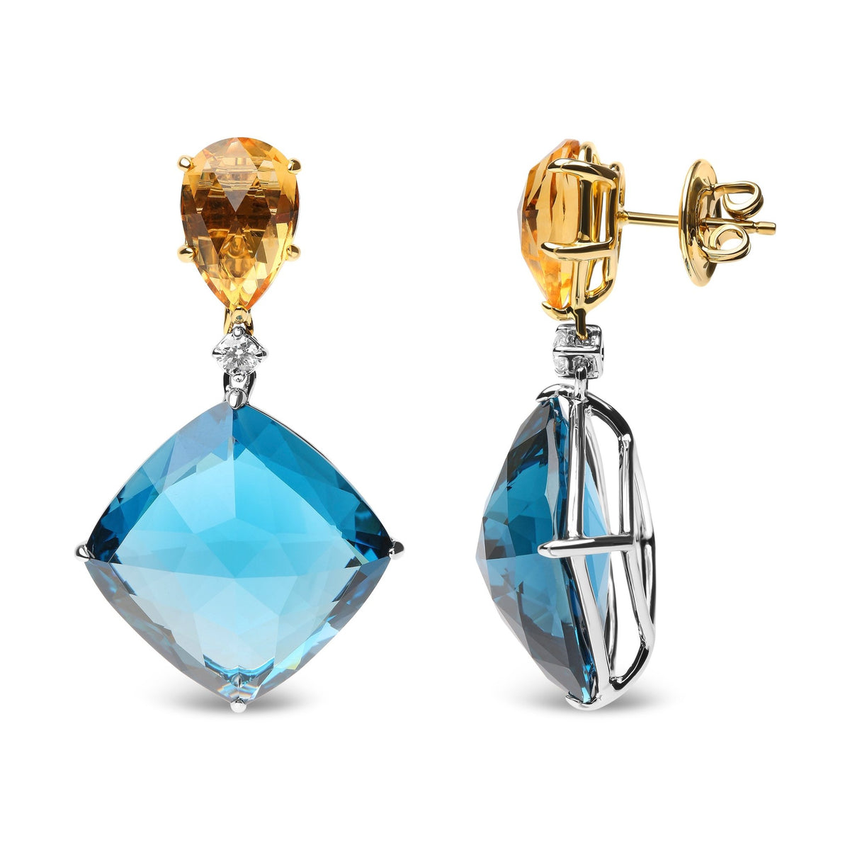 18K White and Yellow Gold 1/6 Cttw Diamond with Pear Cut Yellow Citrine and 20mm Cushion Cut Blue Topaz Gemstone Dangle Earrings (G-H Color, SI1-SI2 Clarity) - LinkagejewelrydesignLinkagejewelrydesign