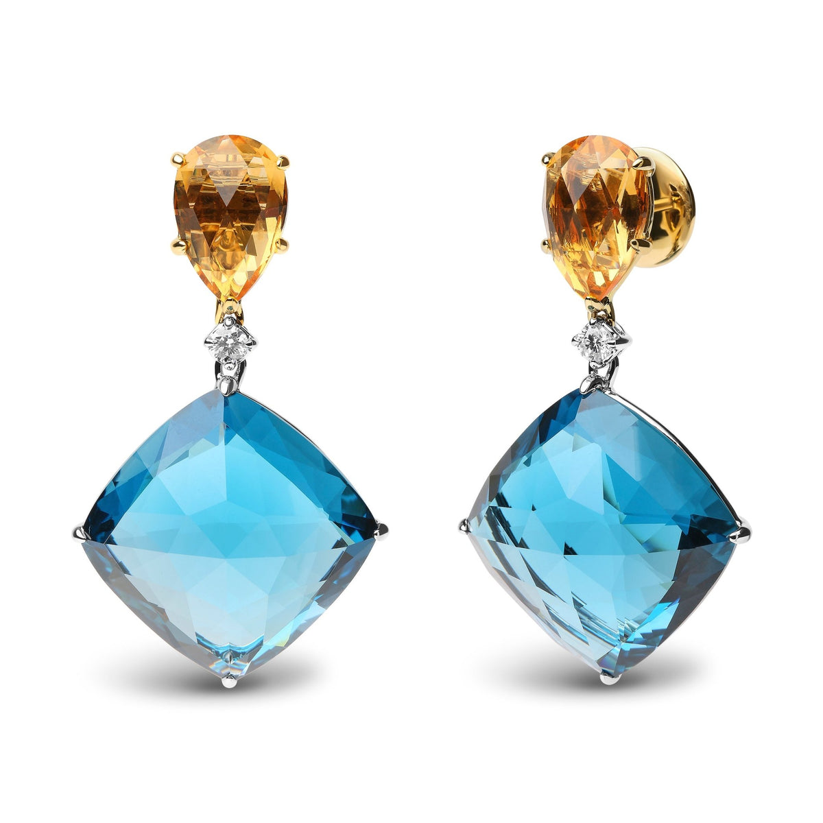 18K White and Yellow Gold 1/6 Cttw Diamond with Pear Cut Yellow Citrine and 20mm Cushion Cut Blue Topaz Gemstone Dangle Earrings (G-H Color, SI1-SI2 Clarity) - LinkagejewelrydesignLinkagejewelrydesign