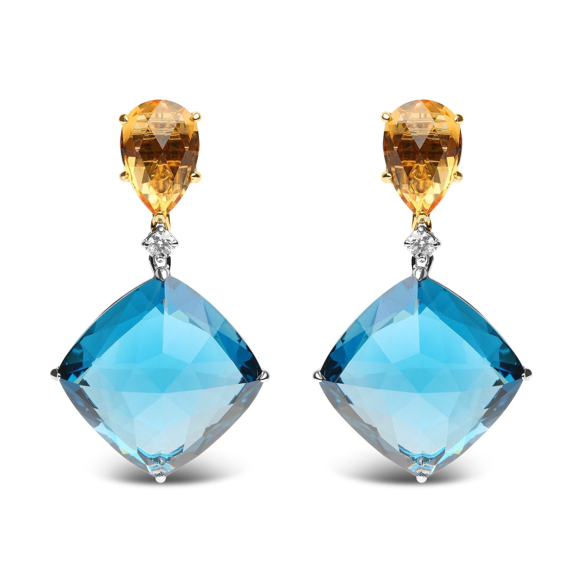 18K White and Yellow Gold 1/6 Cttw Diamond with Pear Cut Yellow Citrine and 20mm Cushion Cut Blue Topaz Gemstone Dangle Earrings (G-H Color, SI1-SI2 Clarity) - LinkagejewelrydesignLinkagejewelrydesign