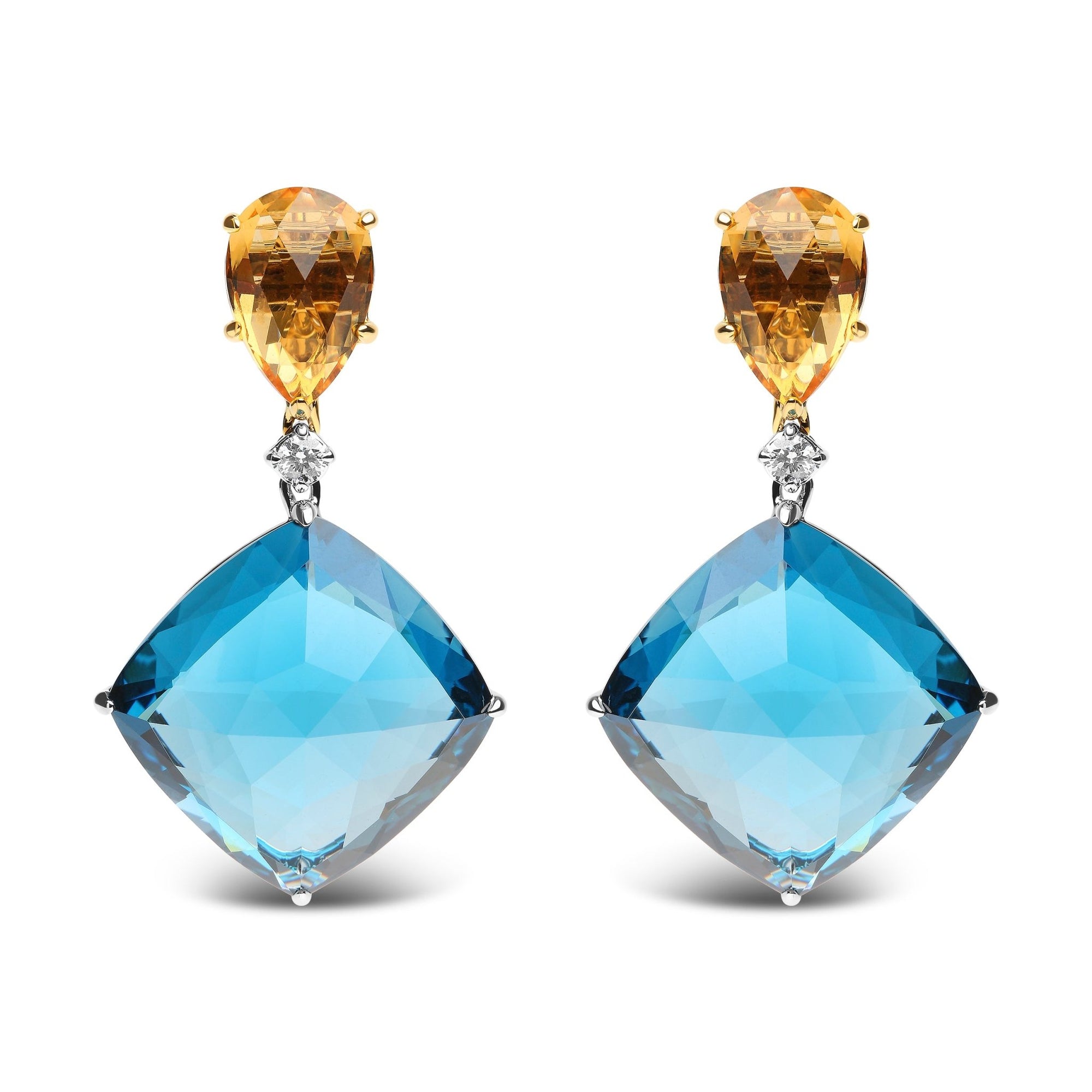 18K White and Yellow Gold 1/6 Cttw Diamond with Pear Cut Yellow Citrine and 20mm Cushion Cut Blue Topaz Gemstone Dangle Earrings (G-H Color, SI1-SI2 Clarity) - LinkagejewelrydesignLinkagejewelrydesign