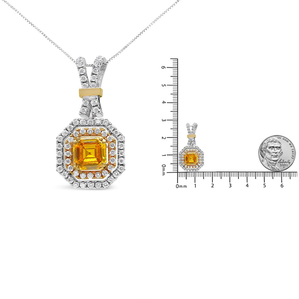 18K White and Yellow Gold 1.75 Cttw Lab Grown Treated Yellow Asscher Center Diamond Halo 18&quot; Pendant Necklace (Yellow/G-H Color, VS1-VS2 Clarity) - LinkagejewelrydesignLinkagejewelrydesign