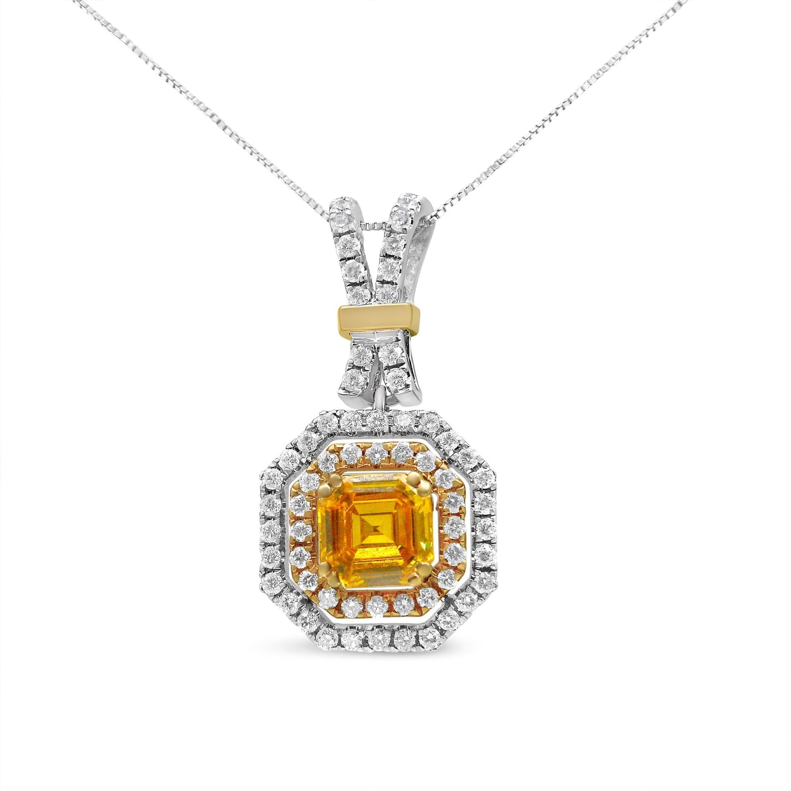18K White and Yellow Gold 1.75 Cttw Lab Grown Treated Yellow Asscher Center Diamond Halo 18" Pendant Necklace (Yellow/G-H Color, VS1-VS2 Clarity) - LinkagejewelrydesignLinkagejewelrydesign