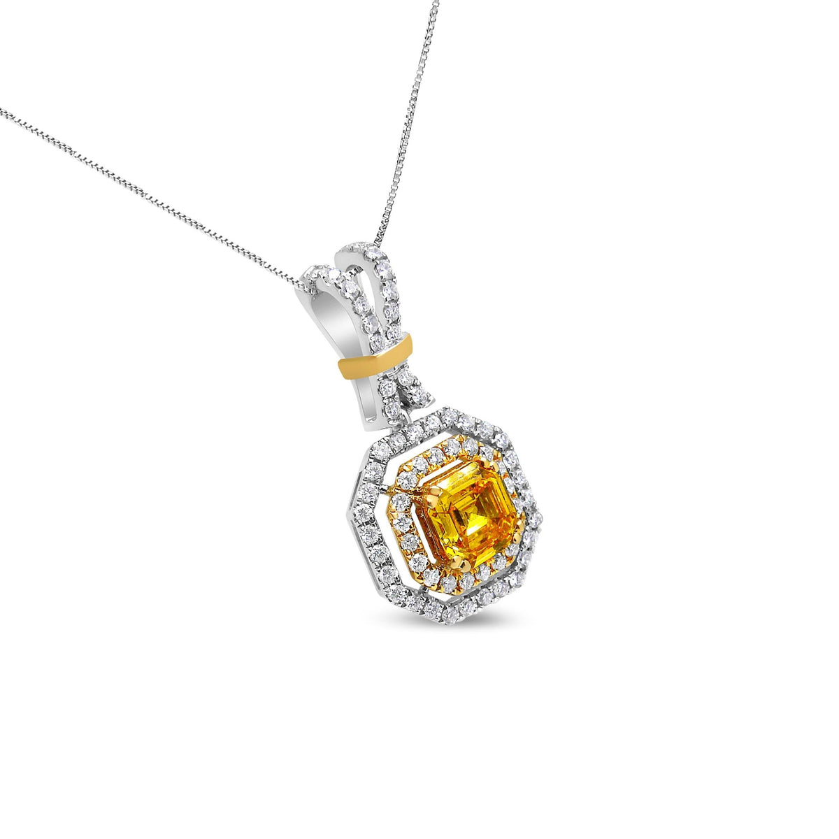 18K White and Yellow Gold 1.75 Cttw Lab Grown Treated Yellow Asscher Center Diamond Halo 18&quot; Pendant Necklace (Yellow/G-H Color, VS1-VS2 Clarity) - LinkagejewelrydesignLinkagejewelrydesign