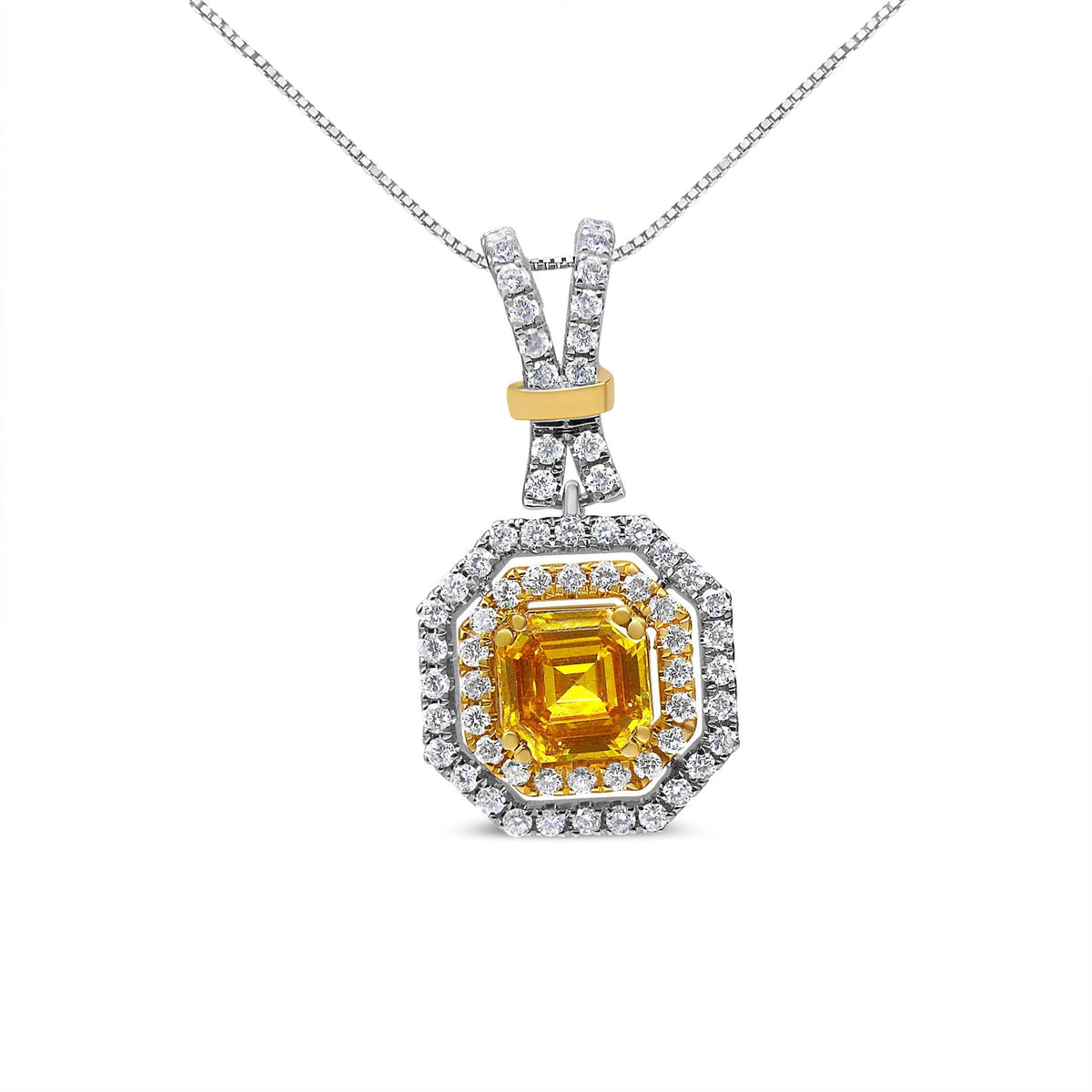 18K White and Yellow Gold 1.75 Cttw Lab Grown Treated Yellow Asscher Center Diamond Halo 18&quot; Pendant Necklace (Yellow/G-H Color, VS1-VS2 Clarity) - LinkagejewelrydesignLinkagejewelrydesign