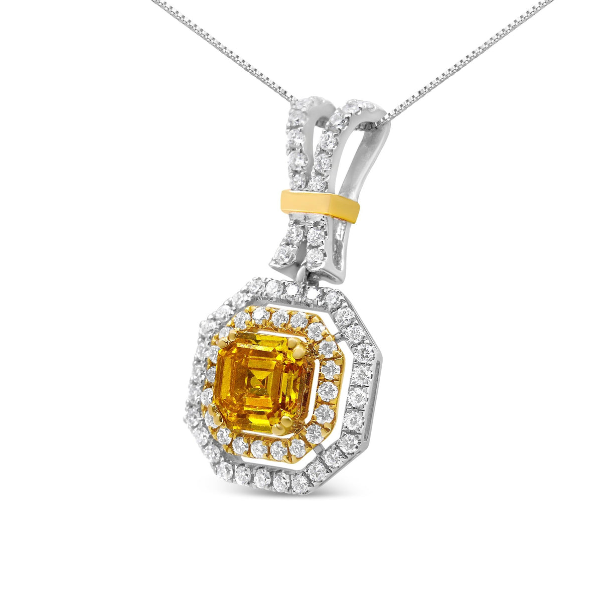 18K White and Yellow Gold 1.75 Cttw Lab Grown Treated Yellow Asscher Center Diamond Halo 18&quot; Pendant Necklace (Yellow/G-H Color, VS1-VS2 Clarity) - LinkagejewelrydesignLinkagejewelrydesign