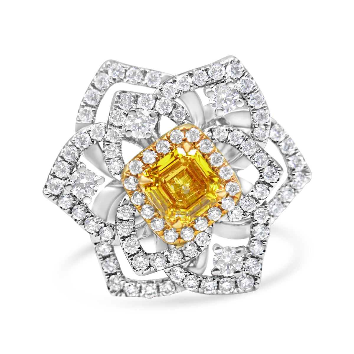 18K White and Yellow Gold 1.75 Cttw Yellow Asscher Lab Grown Center Diamond Floral Cluster Ring (Yellow/G-H Color, VS1-VS2 Clarity) - Size 6.25 - LinkagejewelrydesignLinkagejewelrydesign