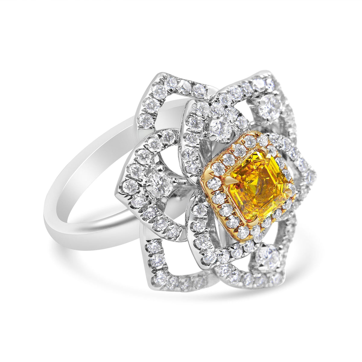 18K White and Yellow Gold 1.75 Cttw Yellow Asscher Lab Grown Center Diamond Floral Cluster Ring (Yellow/G-H Color, VS1-VS2 Clarity) - Size 6.25 - LinkagejewelrydesignLinkagejewelrydesign