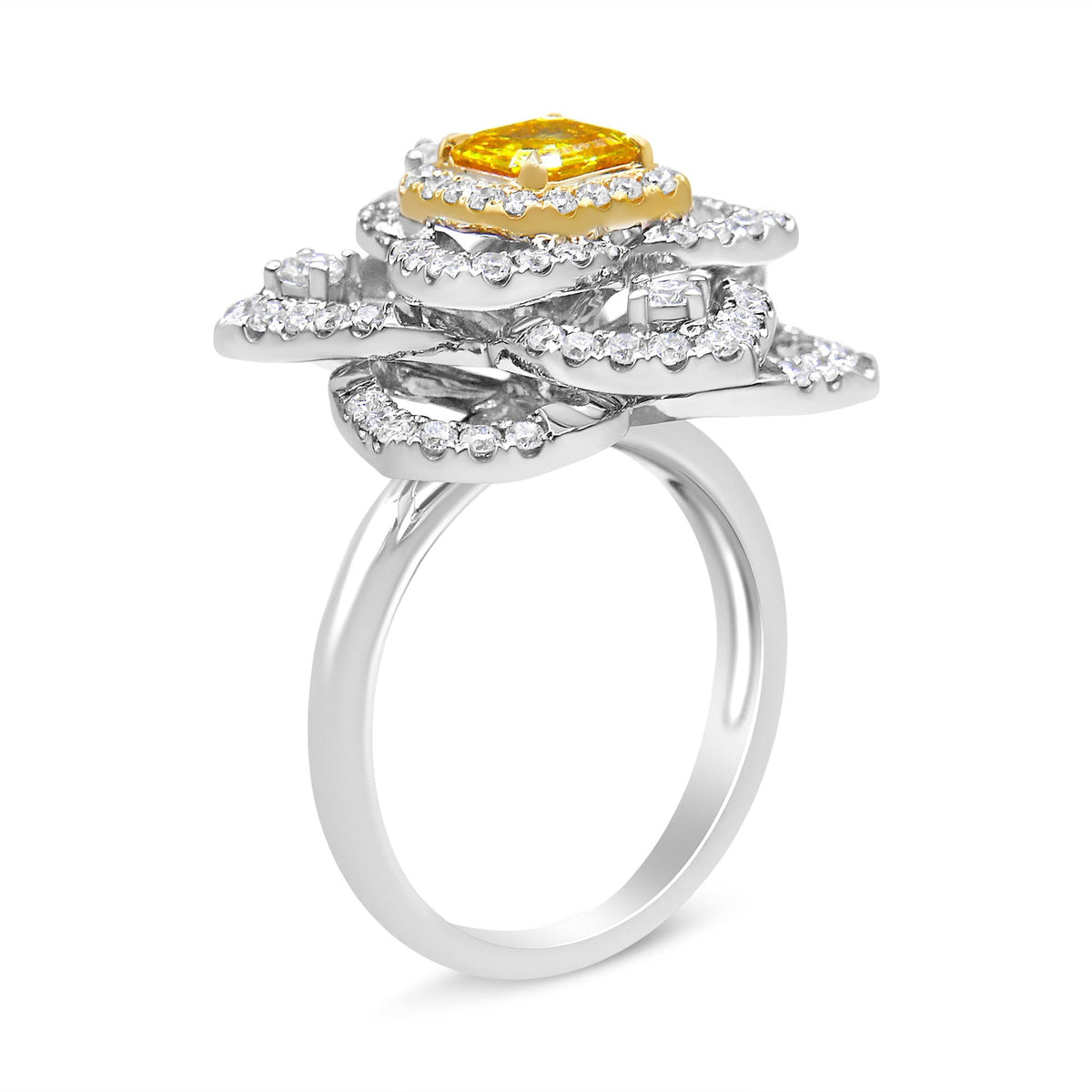 18K White and Yellow Gold 1.75 Cttw Yellow Asscher Lab Grown Center Diamond Floral Cluster Ring (Yellow/G-H Color, VS1-VS2 Clarity) - Size 6.25 - LinkagejewelrydesignLinkagejewelrydesign