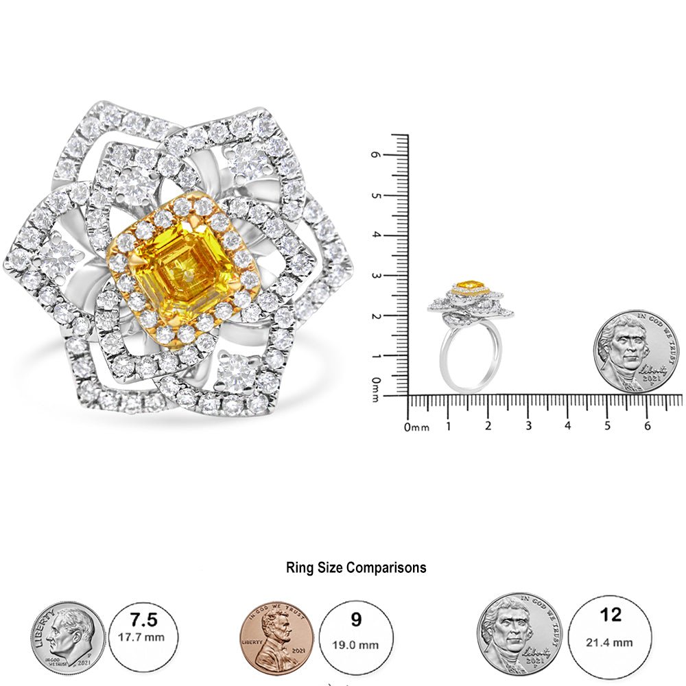 18K White and Yellow Gold 1.75 Cttw Yellow Asscher Lab Grown Center Diamond Floral Cluster Ring (Yellow/G-H Color, VS1-VS2 Clarity) - Size 6.25 - LinkagejewelrydesignLinkagejewelrydesign