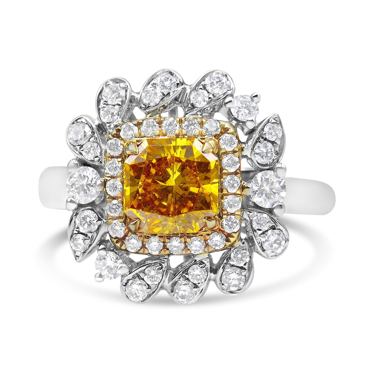 18K White and Yellow Gold 1.76 Cttw Yellow Radiant Lab Grown Center Diamond Double Halo Cocktail Ring (Yellow/G-H Color, VS1-VS2 Clarity) - Size 6 - LinkagejewelrydesignLinkagejewelrydesign