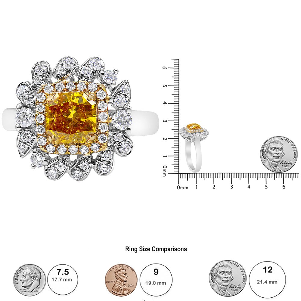 18K White and Yellow Gold 1.76 Cttw Yellow Radiant Lab Grown Center Diamond Double Halo Cocktail Ring (Yellow/G-H Color, VS1-VS2 Clarity) - Size 6 - LinkagejewelrydesignLinkagejewelrydesign