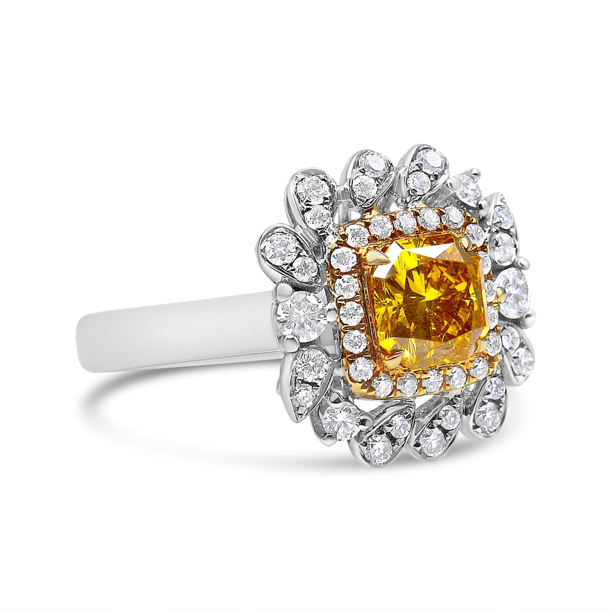 18K White and Yellow Gold 1.76 Cttw Yellow Radiant Lab Grown Center Diamond Double Halo Cocktail Ring (Yellow/G-H Color, VS1-VS2 Clarity) - Size 6 - LinkagejewelrydesignLinkagejewelrydesign