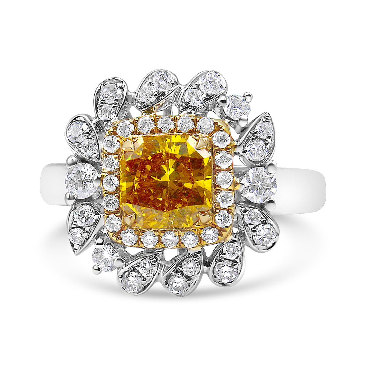18K White and Yellow Gold 1.76 Cttw Yellow Radiant Lab Grown Center Diamond Double Halo Cocktail Ring (Yellow/G-H Color, VS1-VS2 Clarity) - Size 6 - LinkagejewelrydesignLinkagejewelrydesign
