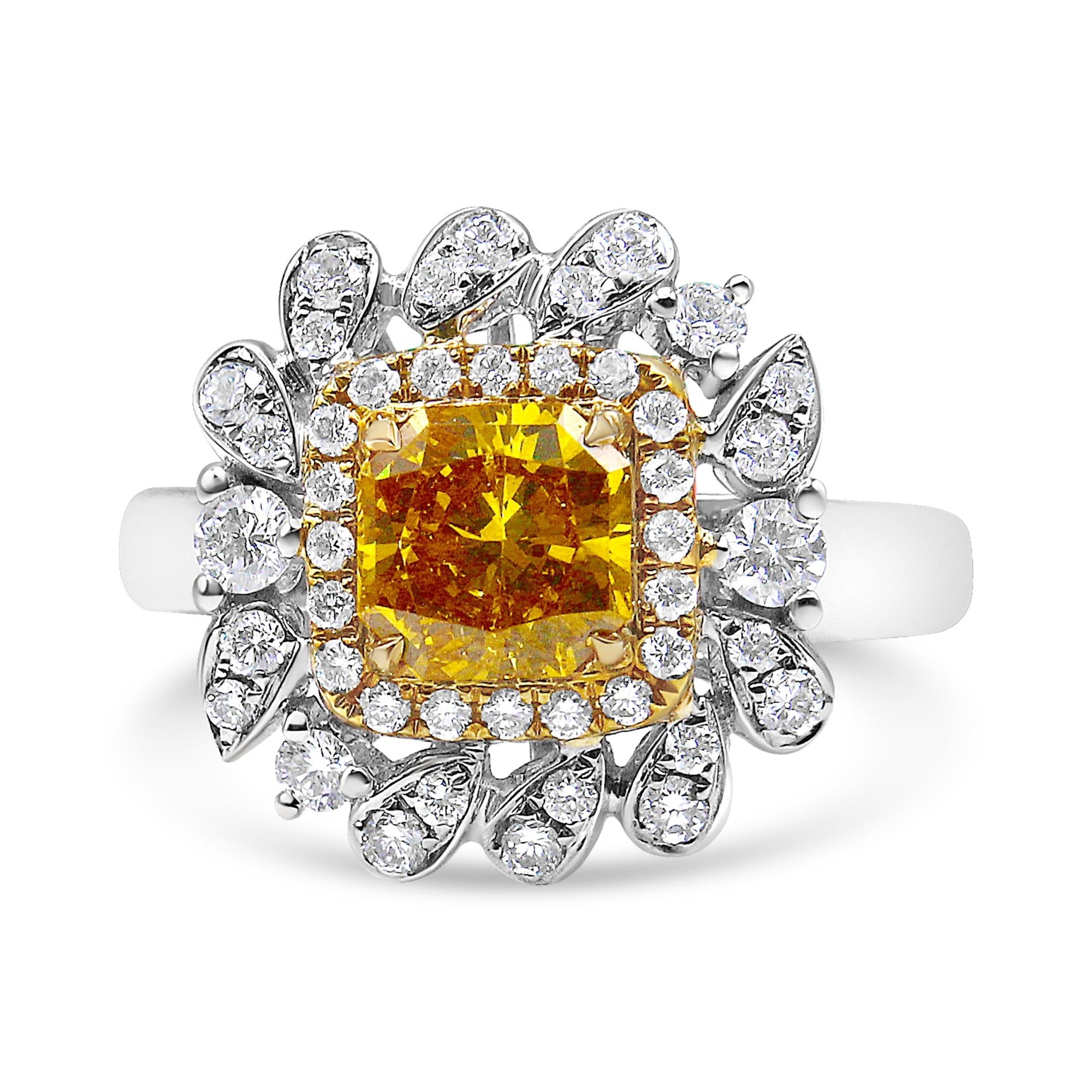 18K White and Yellow Gold 1.76 Cttw Yellow Radiant Lab Grown Center Diamond Double Halo Cocktail Ring (Yellow/G-H Color, VS1-VS2 Clarity) - Size 6 - LinkagejewelrydesignLinkagejewelrydesign