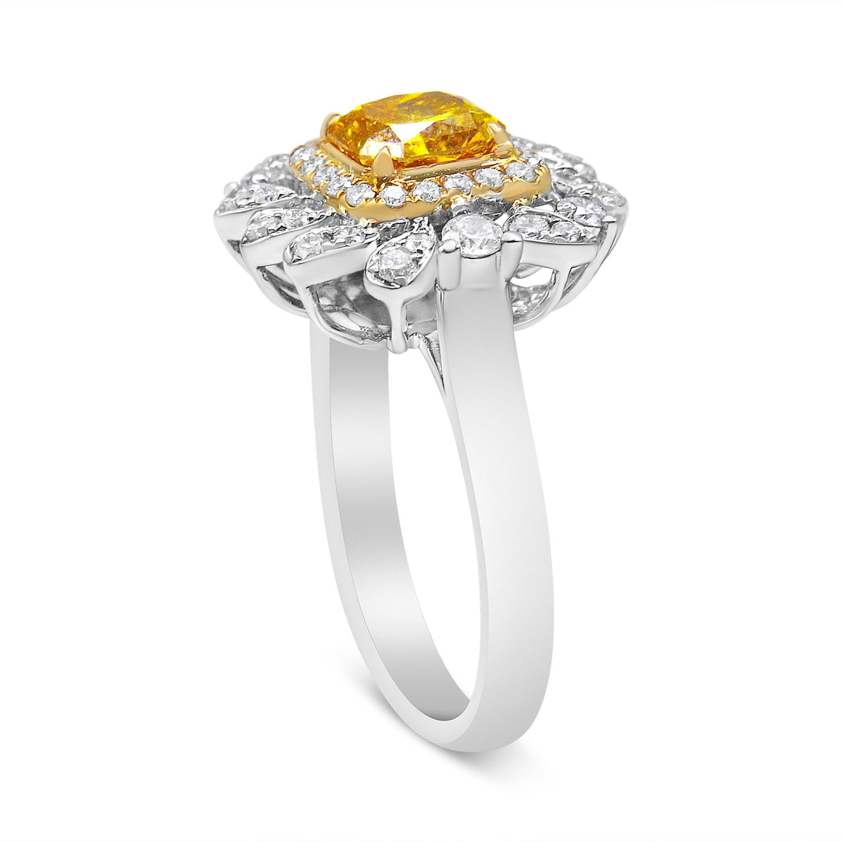 18K White and Yellow Gold 1.76 Cttw Yellow Radiant Lab Grown Center Diamond Double Halo Cocktail Ring (Yellow/G-H Color, VS1-VS2 Clarity) - Size 6 - LinkagejewelrydesignLinkagejewelrydesign