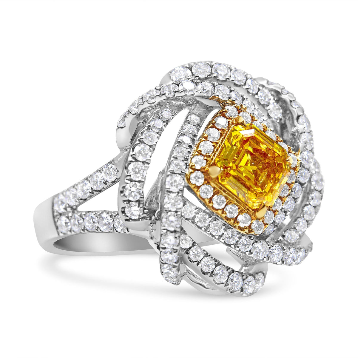 18K White and Yellow Gold 2 1/2 Cttw Yellow Asscher Lab Grown Center Diamond Cluster Swirl Ring (Yellow/G-H Color, VS1-VS2 Clarity) - Size 6.25 - LinkagejewelrydesignLinkagejewelrydesign