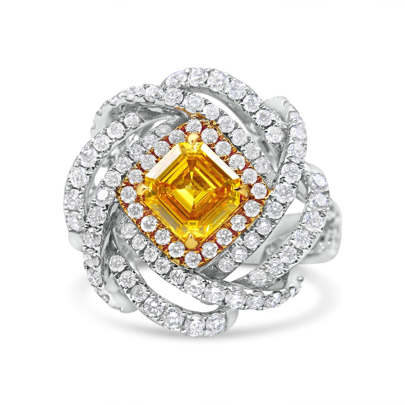 18K White and Yellow Gold 2 1/2 Cttw Yellow Asscher Lab Grown Center Diamond Cluster Swirl Ring (Yellow/G-H Color, VS1-VS2 Clarity) - Size 6.25 - LinkagejewelrydesignLinkagejewelrydesign