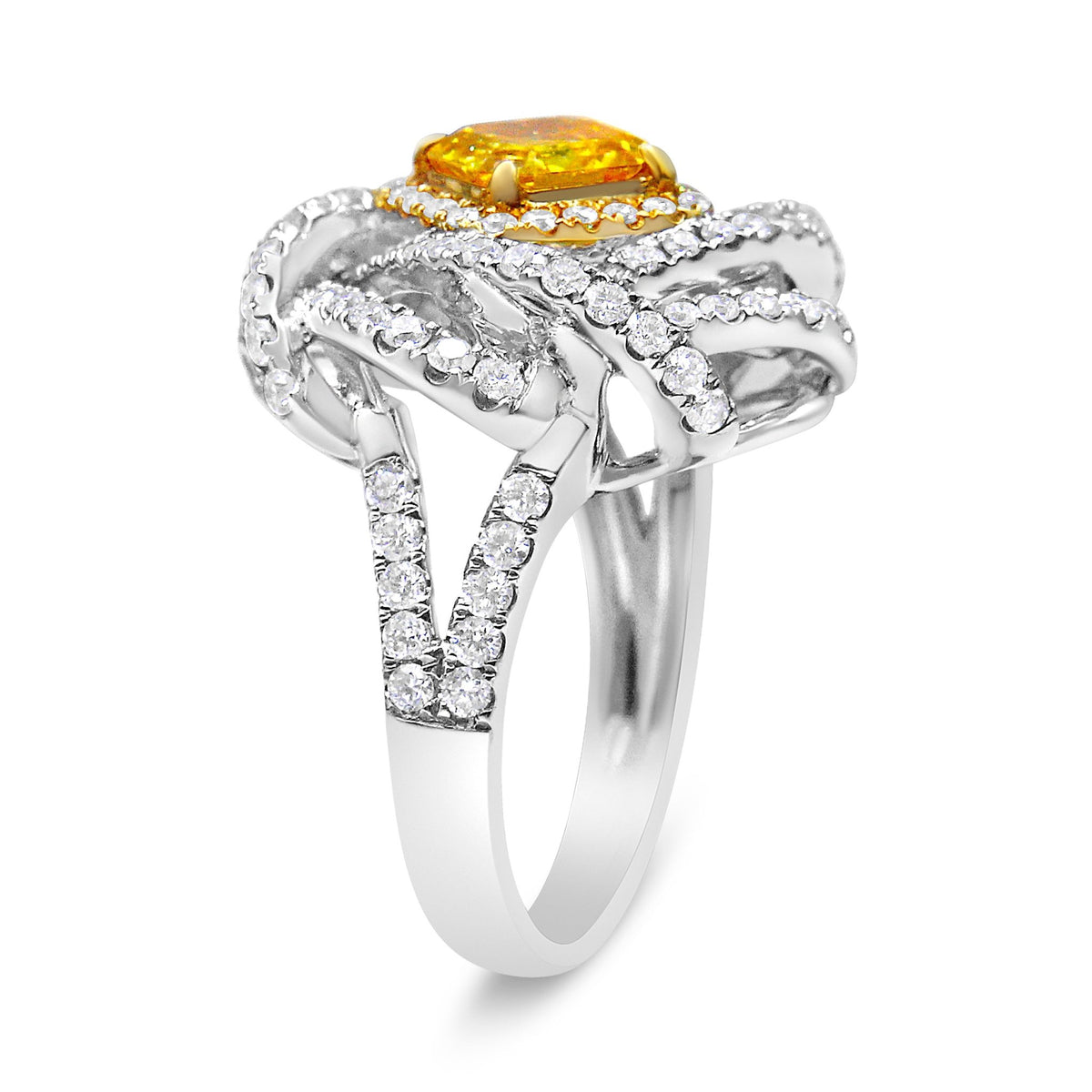 18K White and Yellow Gold 2 1/2 Cttw Yellow Asscher Lab Grown Center Diamond Cluster Swirl Ring (Yellow/G-H Color, VS1-VS2 Clarity) - Size 6.25 - LinkagejewelrydesignLinkagejewelrydesign