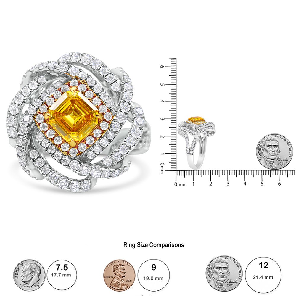 18K White and Yellow Gold 2 1/2 Cttw Yellow Asscher Lab Grown Center Diamond Cluster Swirl Ring (Yellow/G-H Color, VS1-VS2 Clarity) - Size 6.25 - LinkagejewelrydesignLinkagejewelrydesign