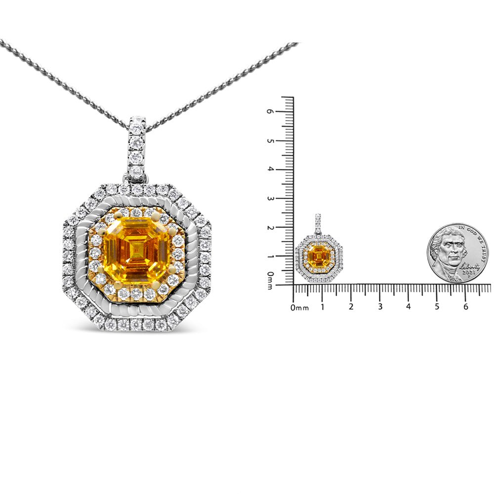 18K White and Yellow Gold 2 1/4 Cttw Lab Grown Yellow Asscher Cut Diamond Art Deco Style Halo 18&quot; Pendant Necklace (Yellow/G-H Color, VS1-VS2 Clarity) - LinkagejewelrydesignLinkagejewelrydesign