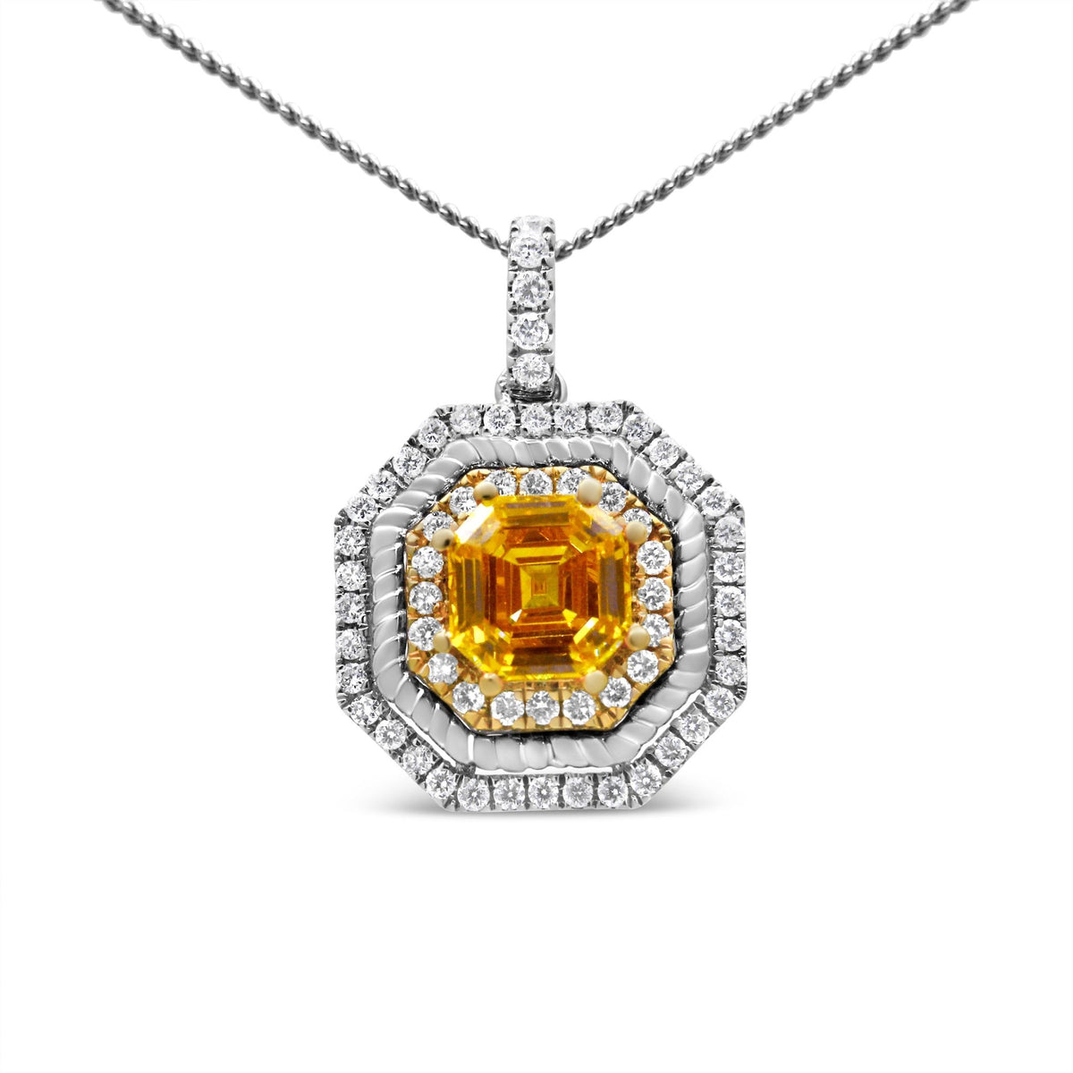 18K White and Yellow Gold 2 1/4 Cttw Lab Grown Yellow Asscher Cut Diamond Art Deco Style Halo 18&quot; Pendant Necklace (Yellow/G-H Color, VS1-VS2 Clarity) - LinkagejewelrydesignLinkagejewelrydesign