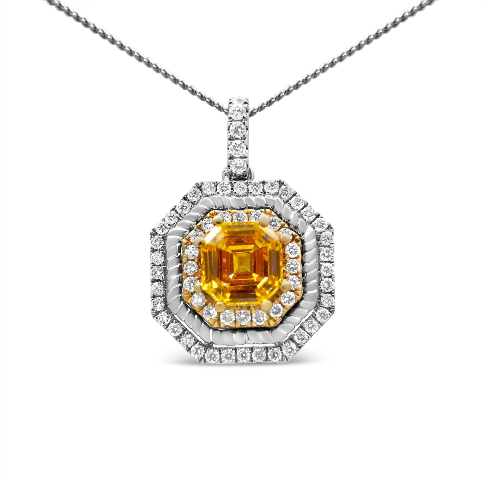18K White and Yellow Gold 2 1/4 Cttw Lab Grown Yellow Asscher Cut Diamond Art Deco Style Halo 18" Pendant Necklace (Yellow/G-H Color, VS1-VS2 Clarity) - LinkagejewelrydesignLinkagejewelrydesign