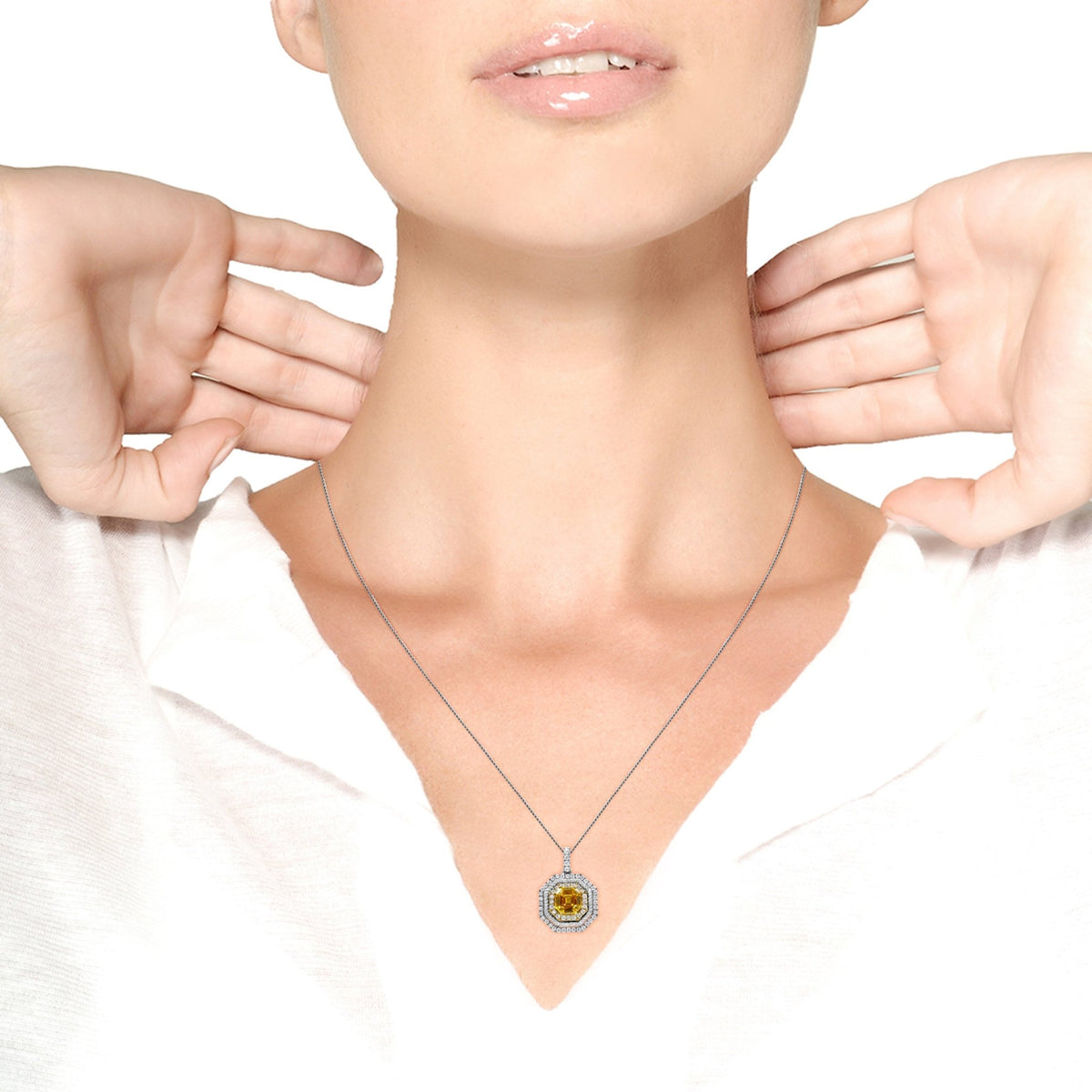 18K White and Yellow Gold 2 1/4 Cttw Lab Grown Yellow Asscher Cut Diamond Art Deco Style Halo 18&quot; Pendant Necklace (Yellow/G-H Color, VS1-VS2 Clarity) - LinkagejewelrydesignLinkagejewelrydesign