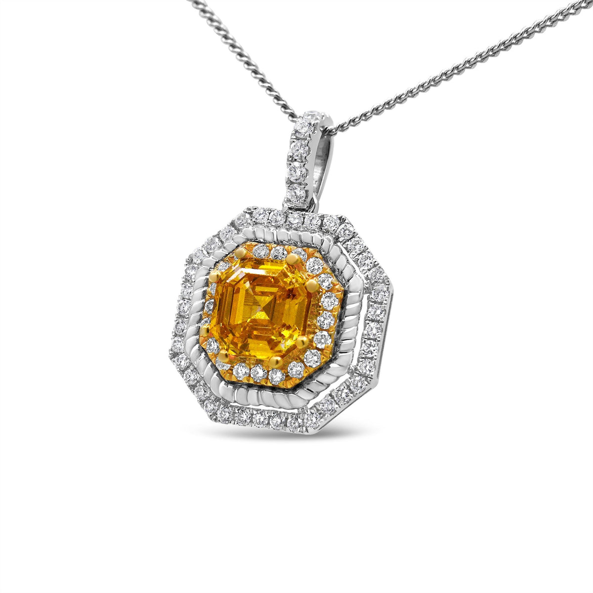 18K White and Yellow Gold 2 1/4 Cttw Lab Grown Yellow Asscher Cut Diamond Art Deco Style Halo 18&quot; Pendant Necklace (Yellow/G-H Color, VS1-VS2 Clarity) - LinkagejewelrydesignLinkagejewelrydesign