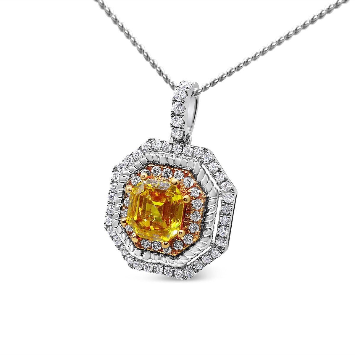 18K White and Yellow Gold 2 1/4 Cttw Lab Grown Yellow Asscher Cut Diamond Art Deco Style Halo 18&quot; Pendant Necklace (Yellow/G-H Color, VS1-VS2 Clarity) - LinkagejewelrydesignLinkagejewelrydesign