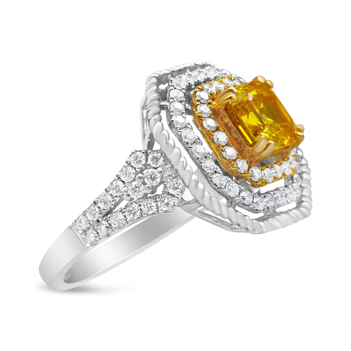 18K White and Yellow Gold 2 1/5 Cttw Lab Grown Yellow Asscher Diamond Double Halo Art Deco Cocktail Ring (Yellow/G-H Color, VS1-VS2 Clarity) - Size 6.5 - LinkagejewelrydesignLinkagejewelrydesign