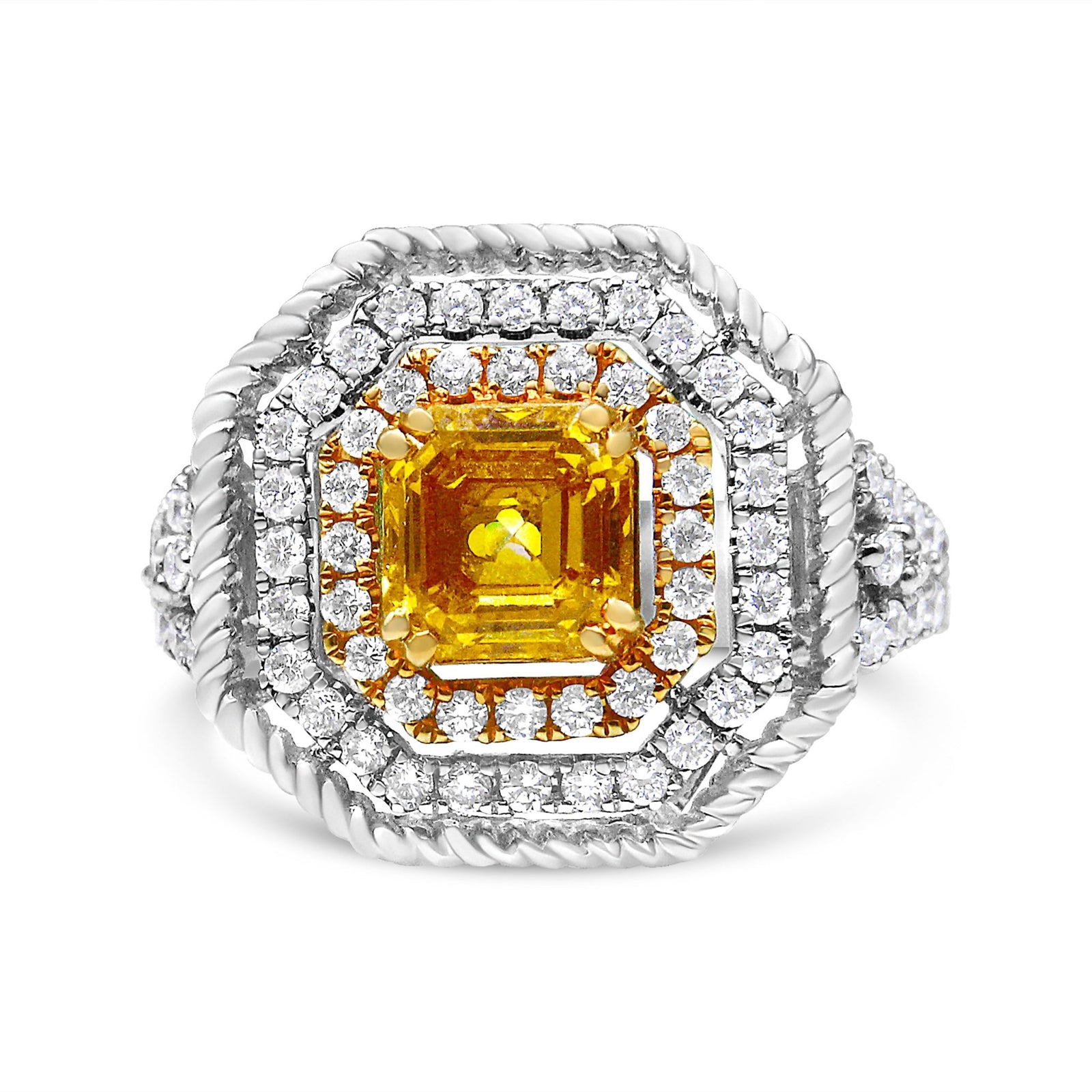 18K White and Yellow Gold 2 1/5 Cttw Lab Grown Yellow Asscher Diamond Double Halo Art Deco Cocktail Ring (Yellow/G-H Color, VS1-VS2 Clarity) - Size 6.5 - LinkagejewelrydesignLinkagejewelrydesign