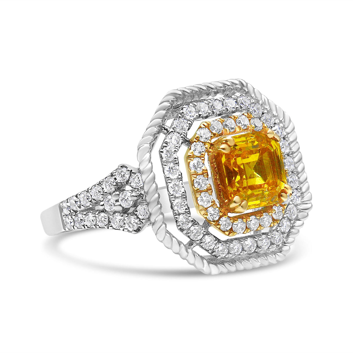 18K White and Yellow Gold 2 1/5 Cttw Lab Grown Yellow Asscher Diamond Double Halo Art Deco Cocktail Ring (Yellow/G-H Color, VS1-VS2 Clarity) - Size 6.5 - LinkagejewelrydesignLinkagejewelrydesign