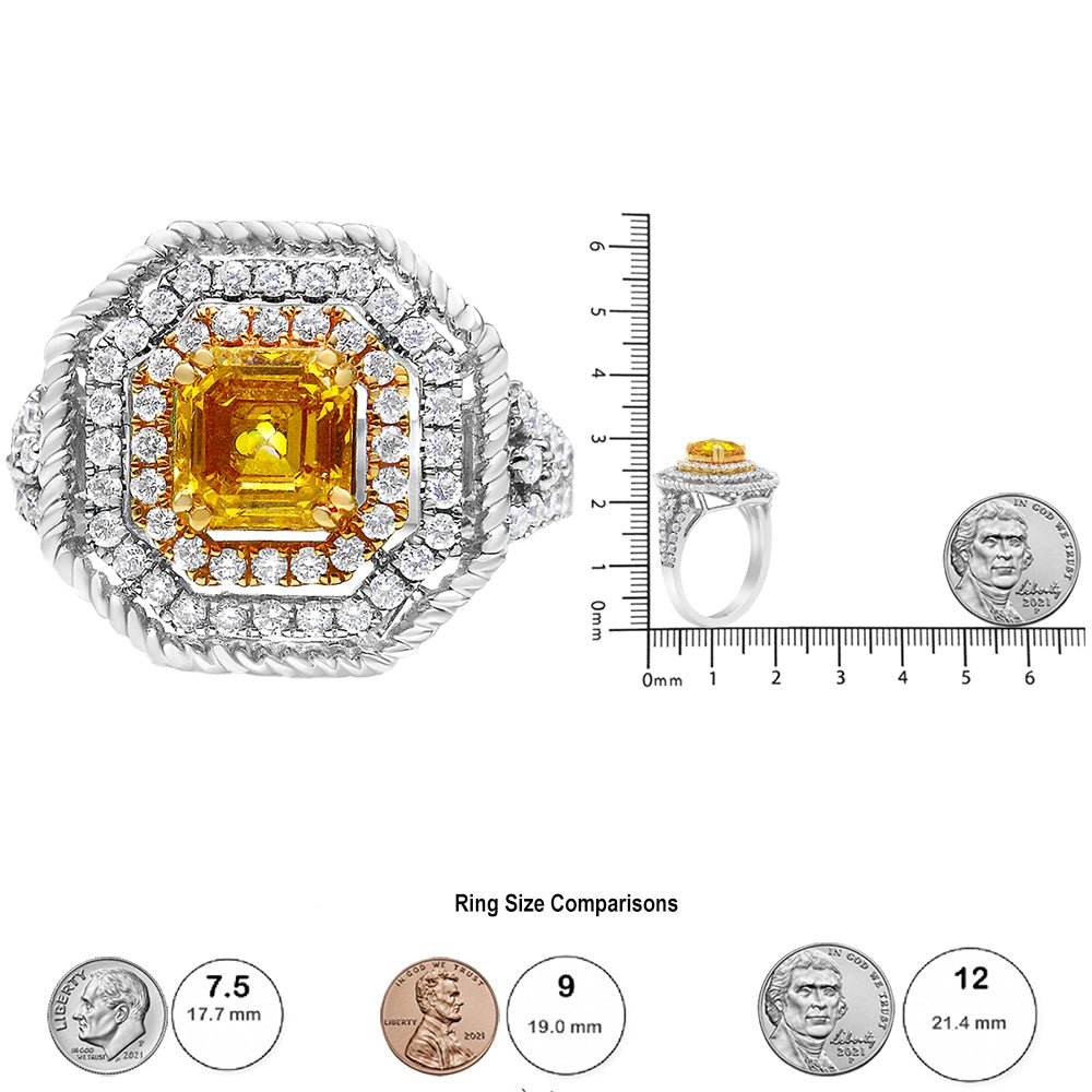 18K White and Yellow Gold 2 1/5 Cttw Lab Grown Yellow Asscher Diamond Double Halo Art Deco Cocktail Ring (Yellow/G-H Color, VS1-VS2 Clarity) - Size 6.5 - LinkagejewelrydesignLinkagejewelrydesign